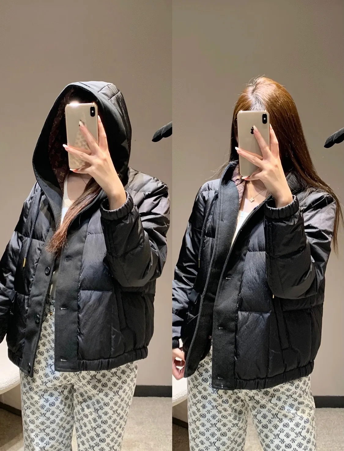 Louis Vuitton/Louis Vuitton embossed leather label fine plaid hooded down jacket
